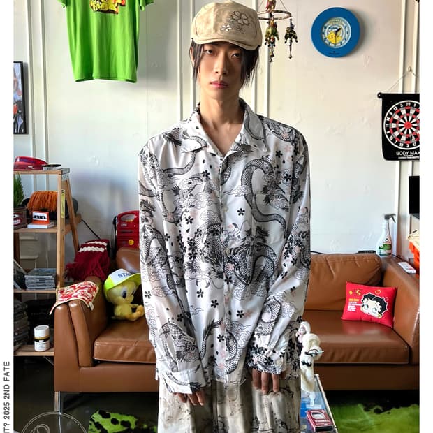 JPN Vintage Dragon & Sakura Print Shirt