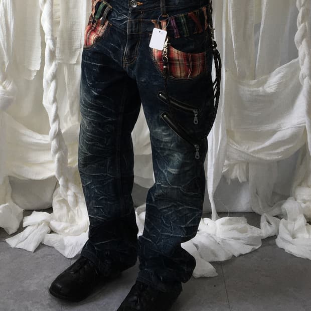 Double waist washing denim pants