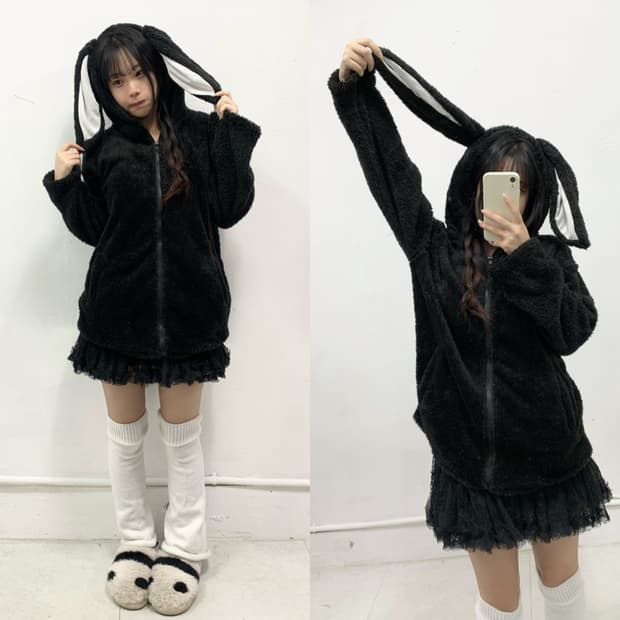 블랙 우사미미 폭닥 후드집업