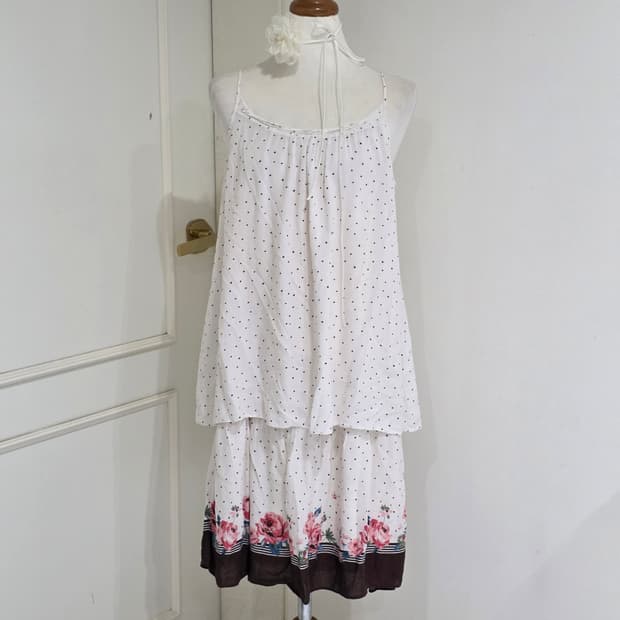 일본빈티지)스즈코모리걸 엑팜깔 도트 플로럴장미 레이어드슬리브리스원피스