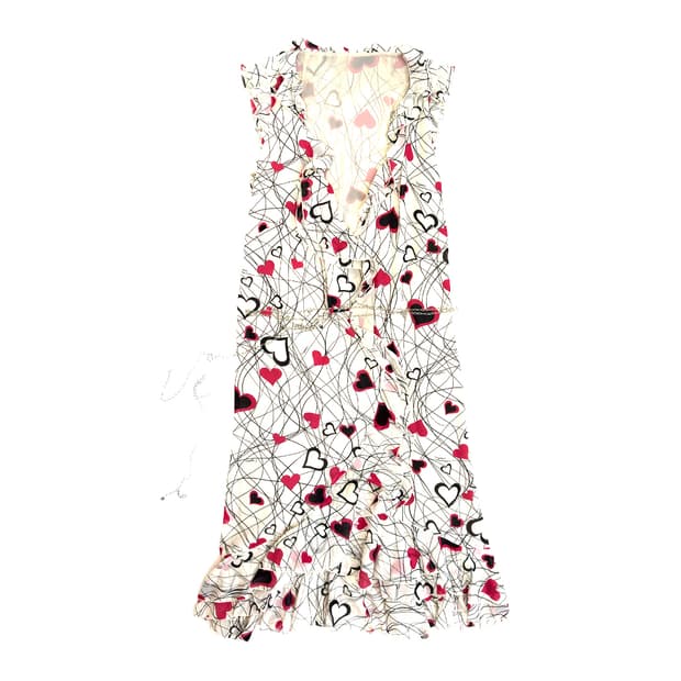 Heart Print Chain Belt Ruffle Dress/ Os