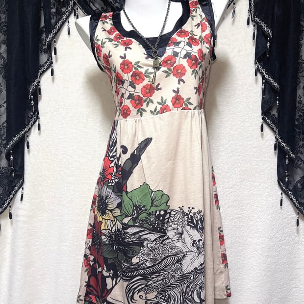 오리엔탈 중티 차이나 동양풍 핀터 플라워패턴 나시원피스 갸루 빈티지