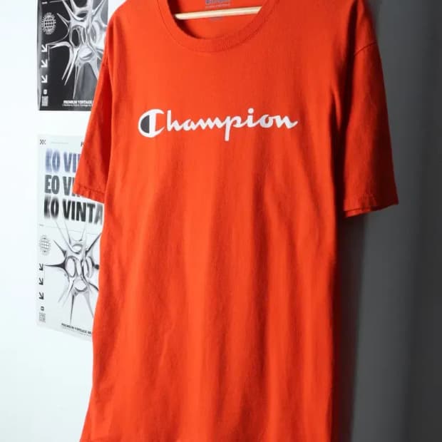 (L-XL) 챔피온 반팔 티셔츠 주황 로고 올드스쿨-144F6