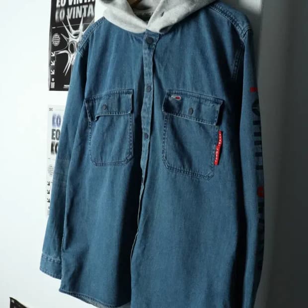 (L) 타미힐피거 셔츠 남방 데님 청 후드-1581E