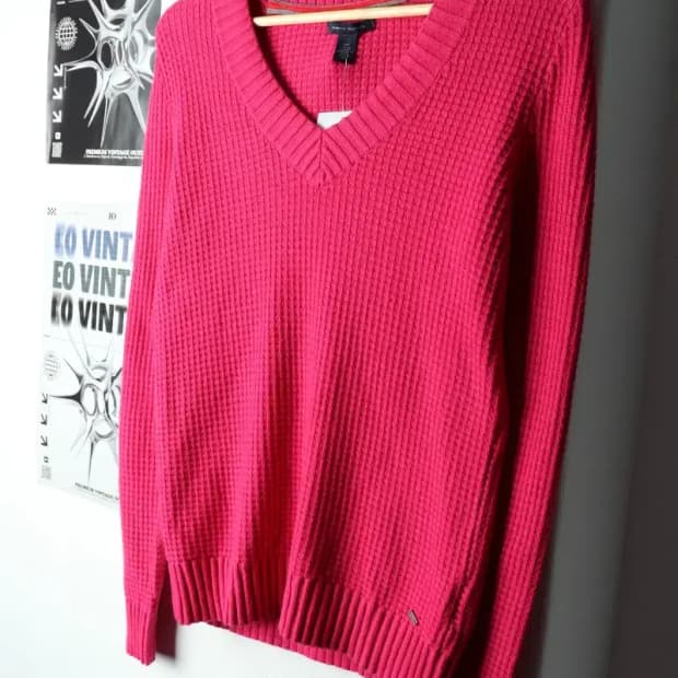 W(S-M) 타미힐피거 니트 브이넥 핑크 울 와플 딸기우유-15918