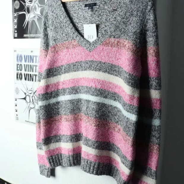 W(L-XL) 타미힐피거 니트 브이넥 스트라이프 솜사탕-15935