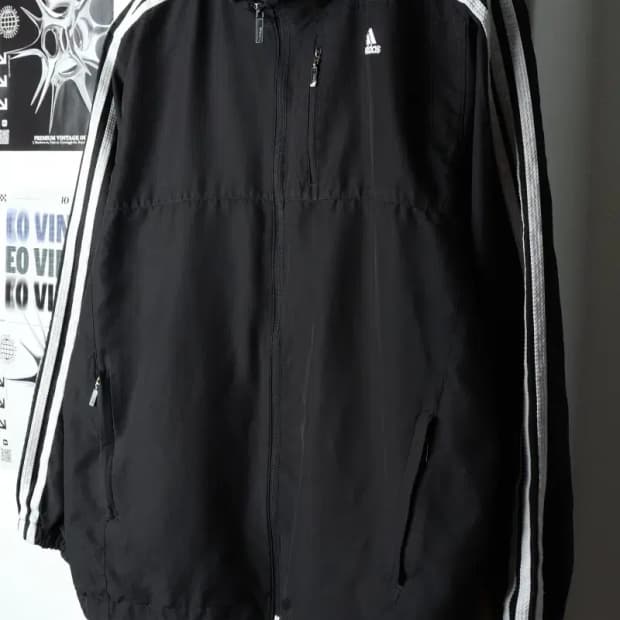 (L) 아디다스 집업 바람막이 점퍼자켓 작은데미지 블랙 누빔-15B60