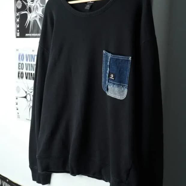 (L-XL) 컨버스 맨투맨 티셔츠 데님포켓 블랙 한정판 희귀-15F83