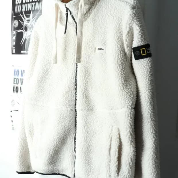 (M-L) 내셔널지오그래픽 후드집업 후리스 뽀글이 양털 화이트-16068