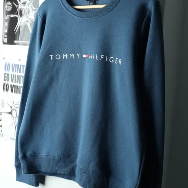 W(L-XL) 타미힐피거 맨투맨 티셔츠 블루 기모 빅로고-161D7