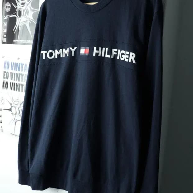 (M-L) 타미힐피거 긴팔티셔츠 빅로고 네이비 올드스쿨-161FD