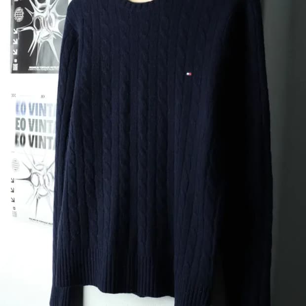 (M) 타미힐피거 니트 케이블 꽈배기 네이비-1639B