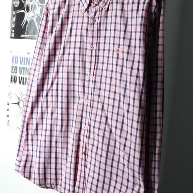 (2XL) 헨리코튼 셔츠 남방 빅사이즈 체크 핑크-1639D