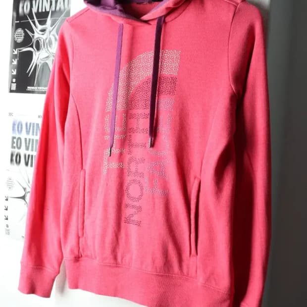 W(S-M) 노스페이스 후드티셔츠 빅로고 핑크 기모 딸기우유-16597