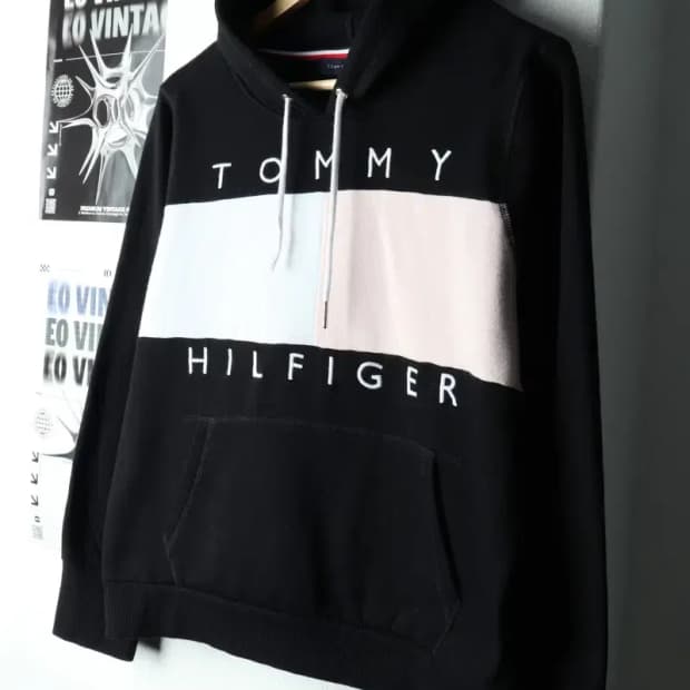 W(L) 타미힐피거 후드티셔츠 빅로고 블랙 기모 Y2K 희귀-1659A