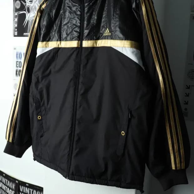 (XL) 아디다스 패딩 점퍼자켓 블랙 삼선 금장 가죽-16806