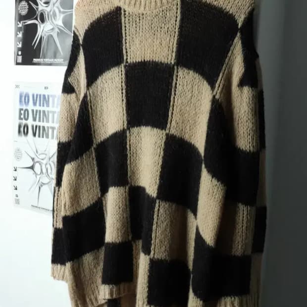 W(F) 더오픈프로덕트 니트 체커보드 알파카 베이지 오픈YY-1681B