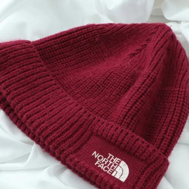 (F) 노스페이스 모자 비니 골지 니트 케이블 버건디 빅로고-272B