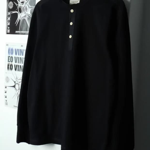 (2XL) 브론슨 긴팔티셔츠 빅사이즈 헨리넥 블랙 아메카지-16883