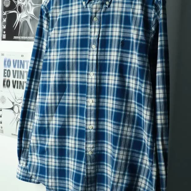 (M-L) 폴로 랄프로렌 셔츠 남방 체크 블루 포니-16938