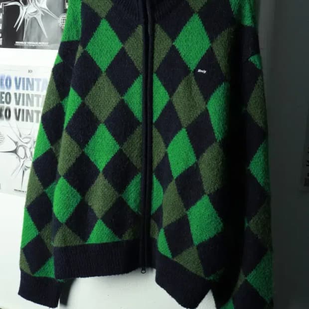(L-2XL) 엠엠엘지 니트 가디건 집업 체커보드 루즈핏 그린-169F6
