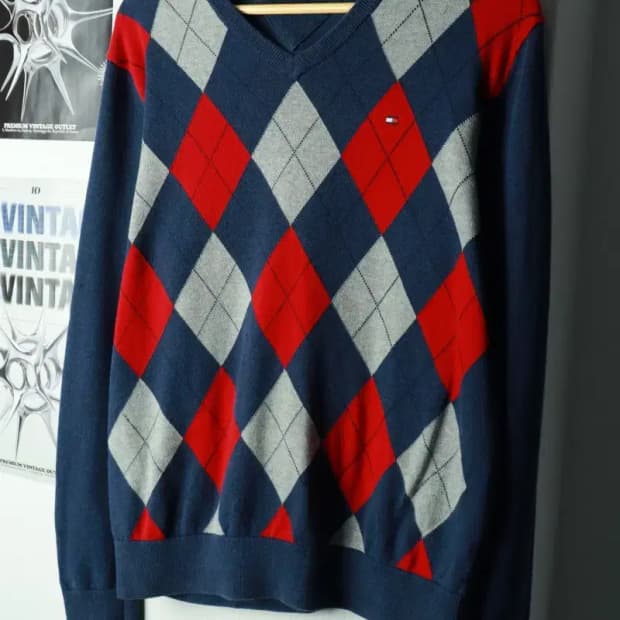 (M) 타미힐피거 니트 아가일 블루-169F8