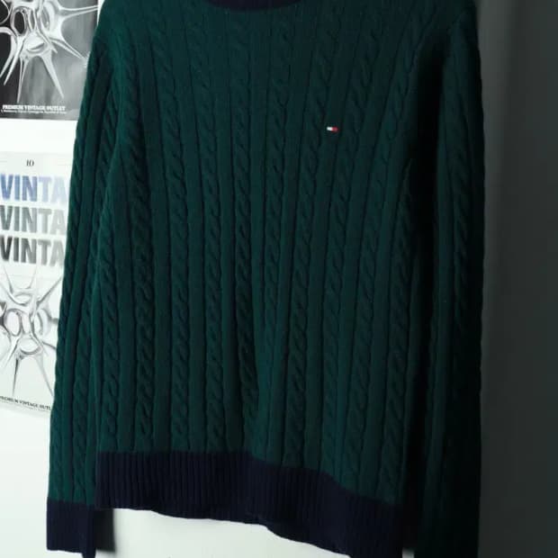 (M) 타미힐피거 니트 워셔블 케이블 꽈배기 그린 울-169FA