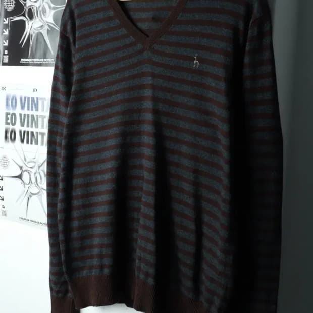 W(2XL) 헤지스 니트 브이넥 스트라이프 브라운-166CF