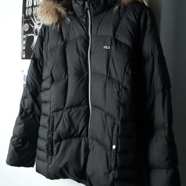 W(XL) 휠라 패딩 점퍼자켓 덕다운 블랙 퍼-166EB