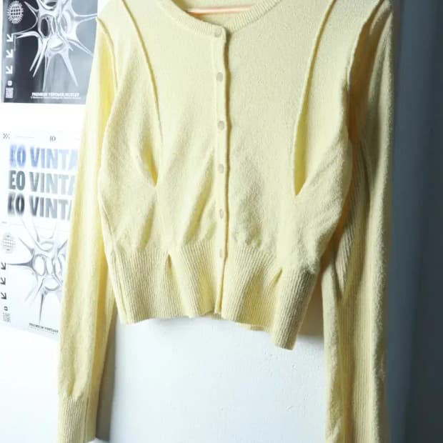 W(F) 마뗑킴 니트 가디건 부클 크롭 개나리-16A7D