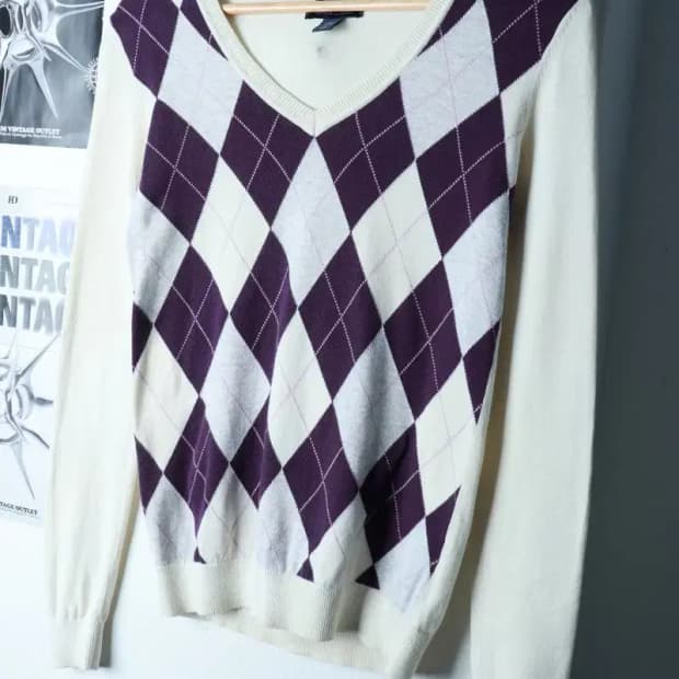 W(XS-S) 타미힐피거 니트 아가일 아이보리 퍼플-16CA1