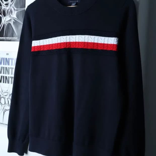 (S) 타미힐피거 니트 네이비 케이블 올드스쿨-16DA8