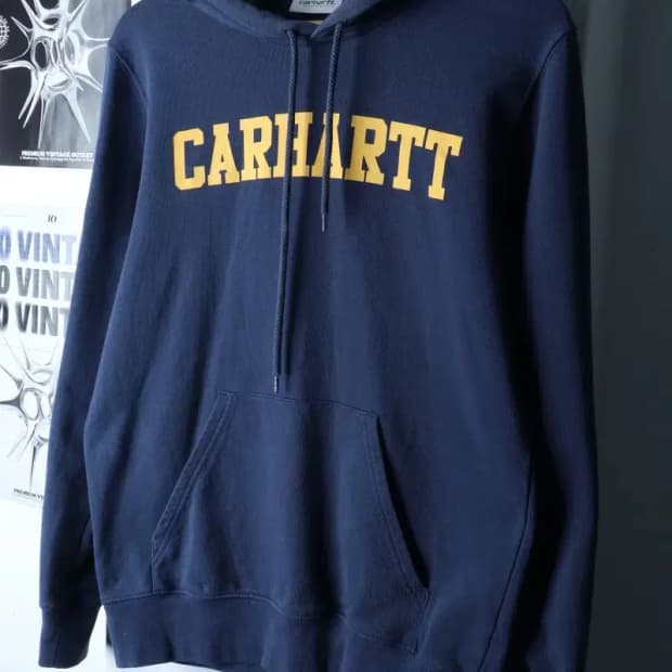 (S-M) 칼하트 후드티셔츠 레터링 블루 올드스쿨-16FD5