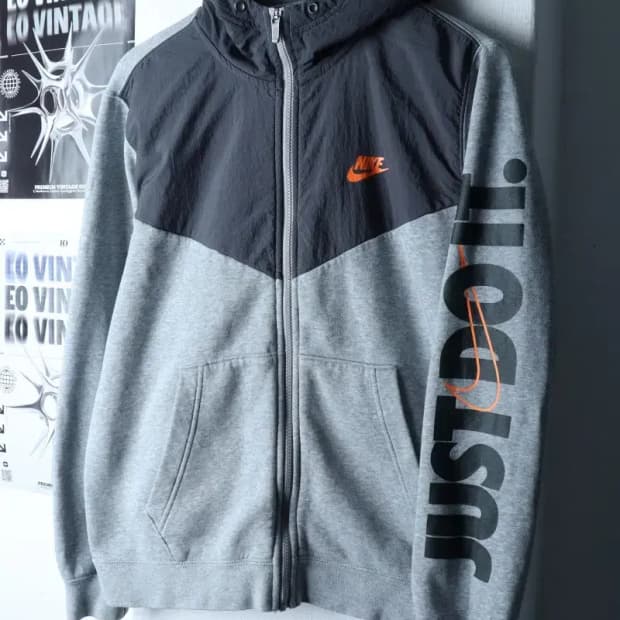 (L) 나이키 집업 바람막이 점퍼자켓 레터링 그레이 면 기모-17010
