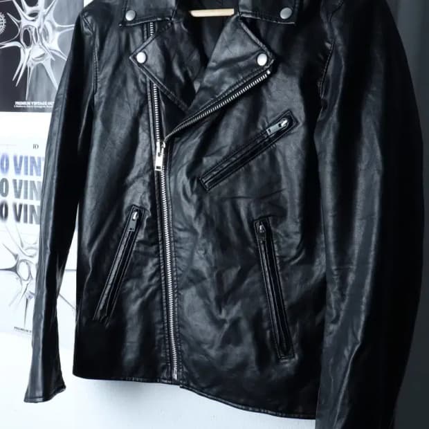 (S) 유니클로 집업 바람막이 점퍼자켓 레더 라이더 블랙-17016