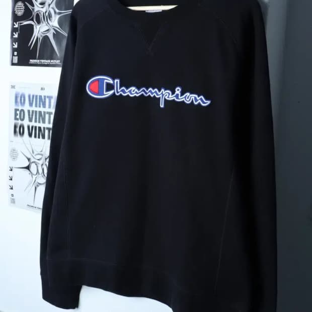 (L-XL) 챔피온 맨투맨 티셔츠 나그랑 기모 블랙 올드스쿨-16EC0