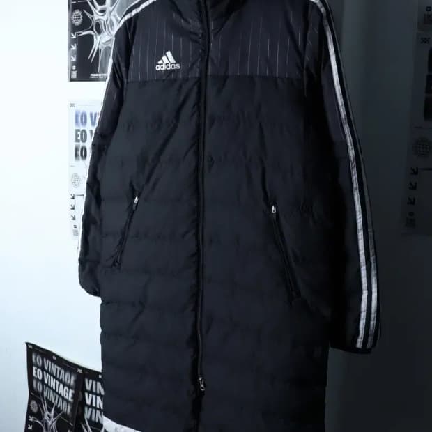(S-M) 아디다스 패딩 점퍼자켓 덕다운 블랙 삼선 롱-1717A