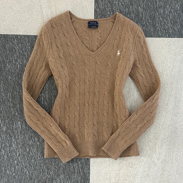 폴로 랄프로렌 울 캐시미어 카멜 V넥 케이블 니트 