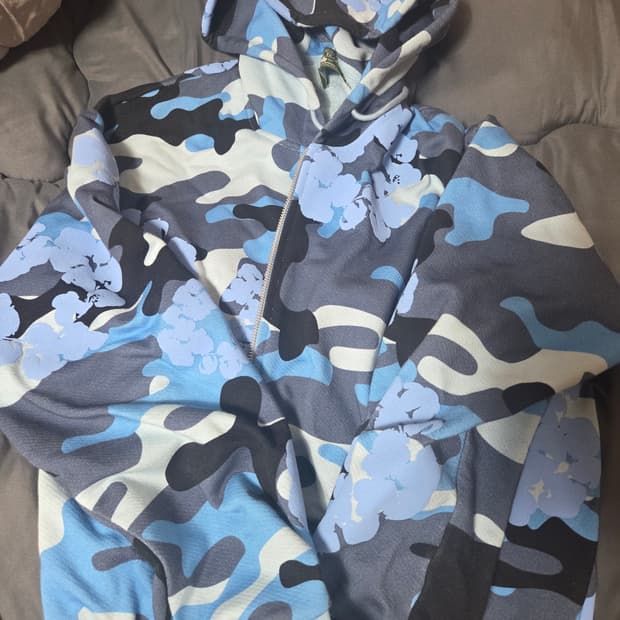 L 데님 티어스 코튼 리쓰 집 후드 블루 카모