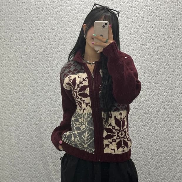챔스 스노우 플레이크 버건디 니트 집업 가디건 L C06648