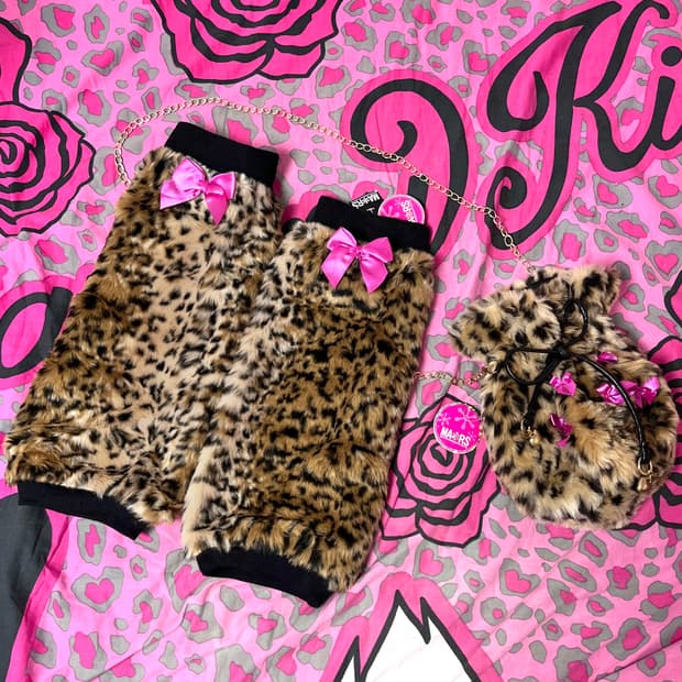 MA*RS마즈 핑크 리본 레오파드 퍼 백&레그워머 세트 히메오네갸루 핀터