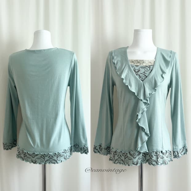 teal green pattern ruffle top