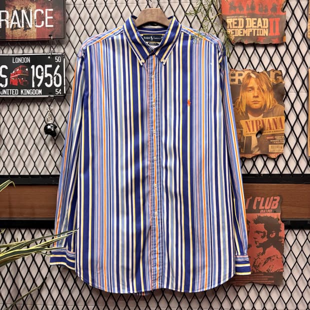 폴로 랄프로렌 멀티컬러 스트라이프 긴팔 셔츠 오렌지 포니 로고 포인트