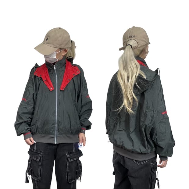 일본판 챔피온 메탈 실버 올드스쿨 배색 바람막이 자켓 L