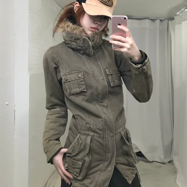 (세트 할인 가능) 빈티지 카키 딱붙 퍼 야상 사파리 자켓