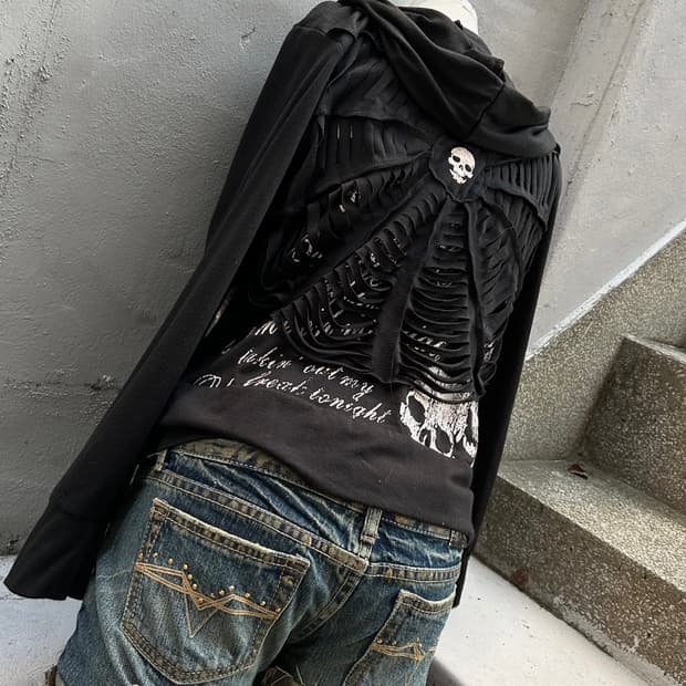 *대장급* 일본빈티지 펑크 거미줄 스컬 프린팅 후드집업