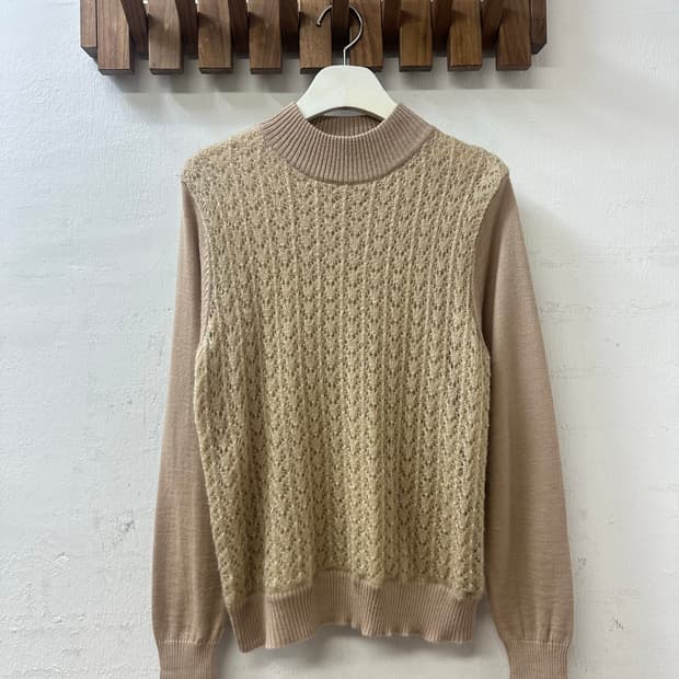 일본빈티지 베이지 크로셰 레이어드 울 믹스 니트 탑