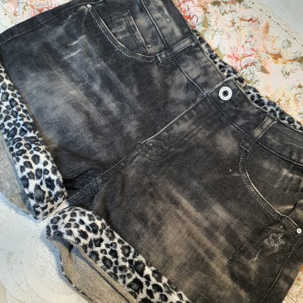 [갸루] 블랙 워싱 데님 반바지 레오파드 28