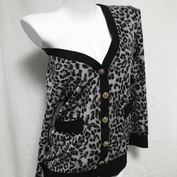 빈티지 갸루 펑크 레오파드 금장 리본 가디건 탑
