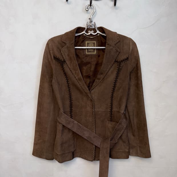 Brown goat skin suede stitch belt blazer